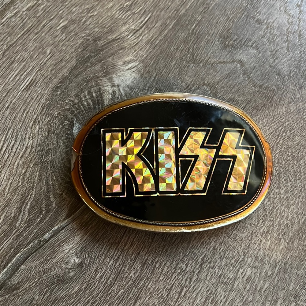 KISS Rock Band Original Belt Buckle Stamped 1976 Pacifica Mfg. Prism Logo.